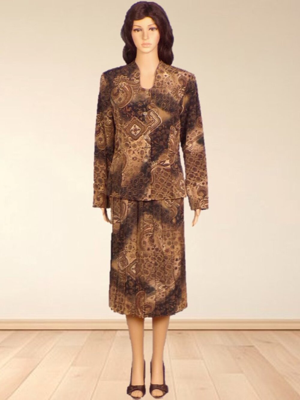 KORET DRESS size 8 brown/tan/buff 2-piece suit jacket/skirt paisley + other